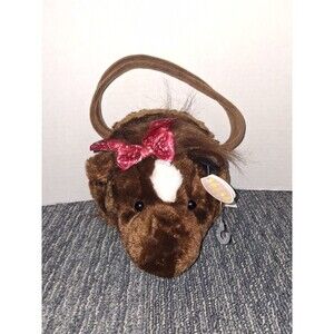 The Bearington Collection Horse Purse Plush Brown Head Face Red Bow Bag